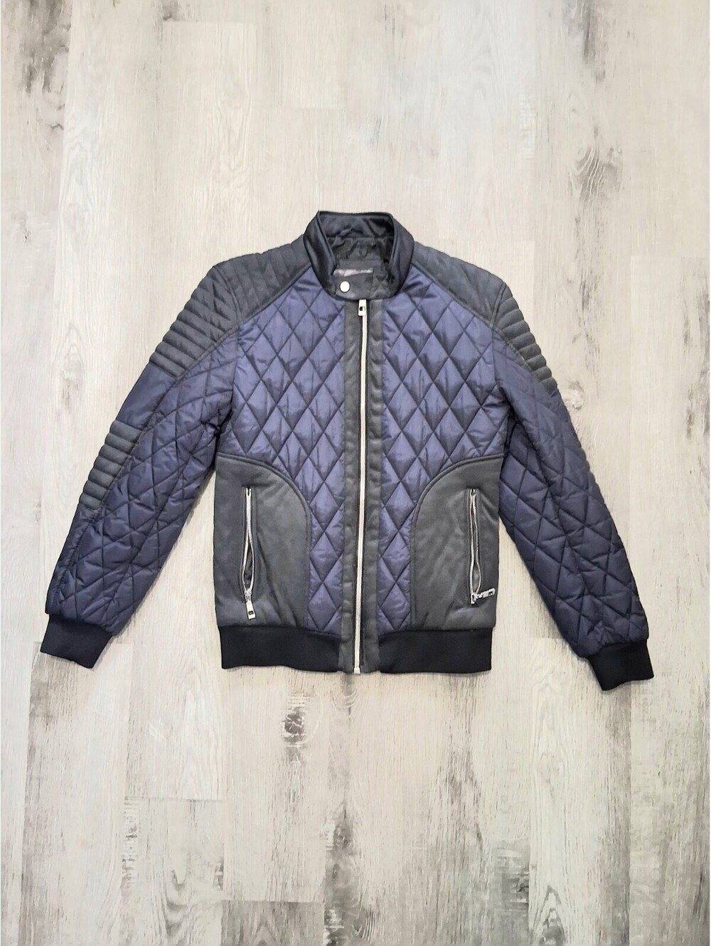 ZARA Man Mens Small Navy Blue Moto Biker Quilted Racer Zip up Bomber Jacket Coat